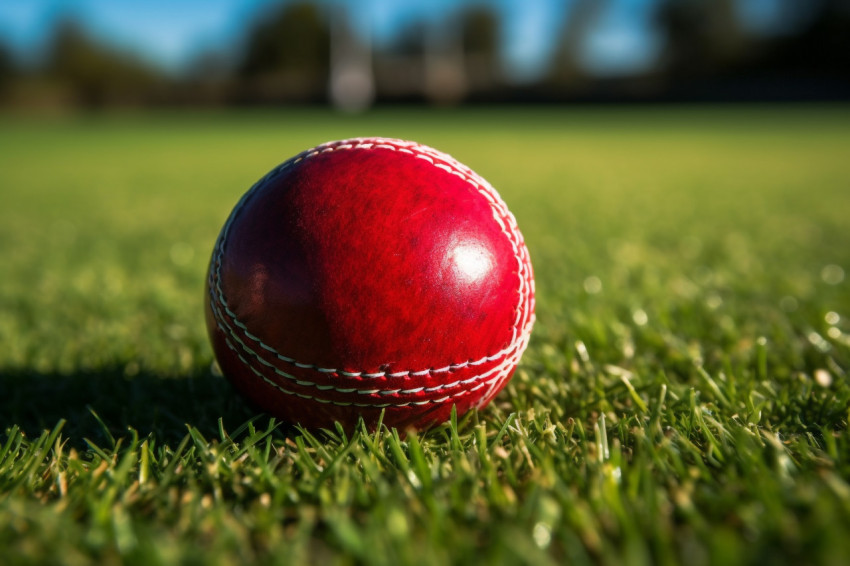 A close up photo of a red cricket ball sitting on a green grass A close up photo of a red cricket ball sitting on a green grass