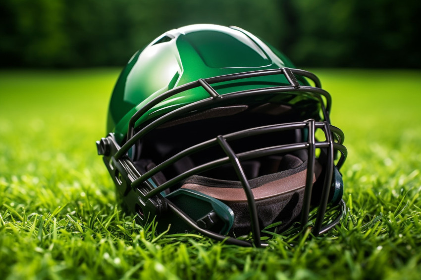 A cricket helmet seen from below, sitting on a green grass playg A cricket helmet seen from below, sitting on a green grass playg