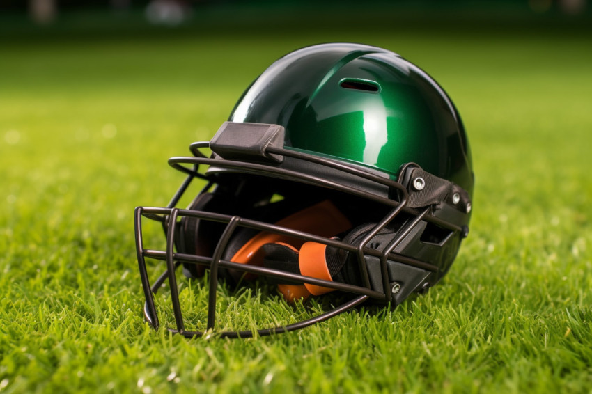 A cricket helmet seen from below, sitting on a green grass playg A cricket helmet seen from below, sitting on a green grass playg