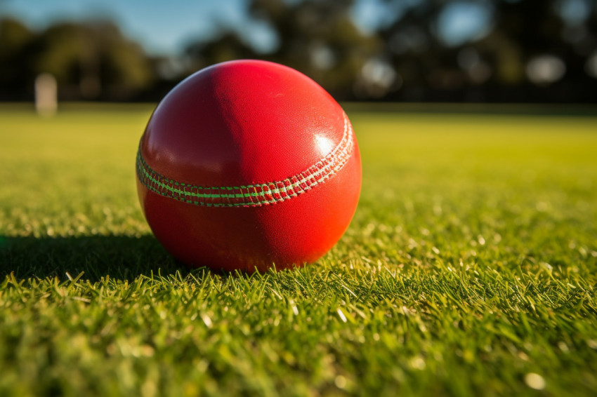 A close up photo of a red cricket ball sitting on a green grass A close up photo of a red cricket ball sitting on a green grass