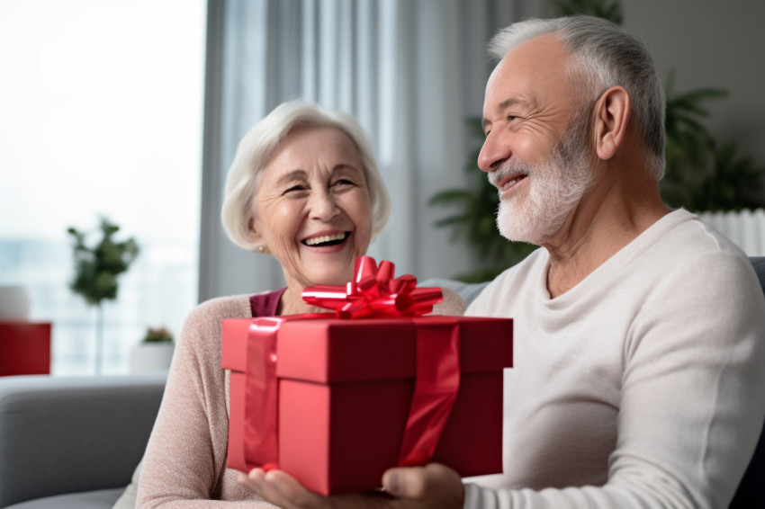 Picture of a happy old woman with a gift box sitting next to a m Picture of a happy old woman with a gift box sitting next to a m