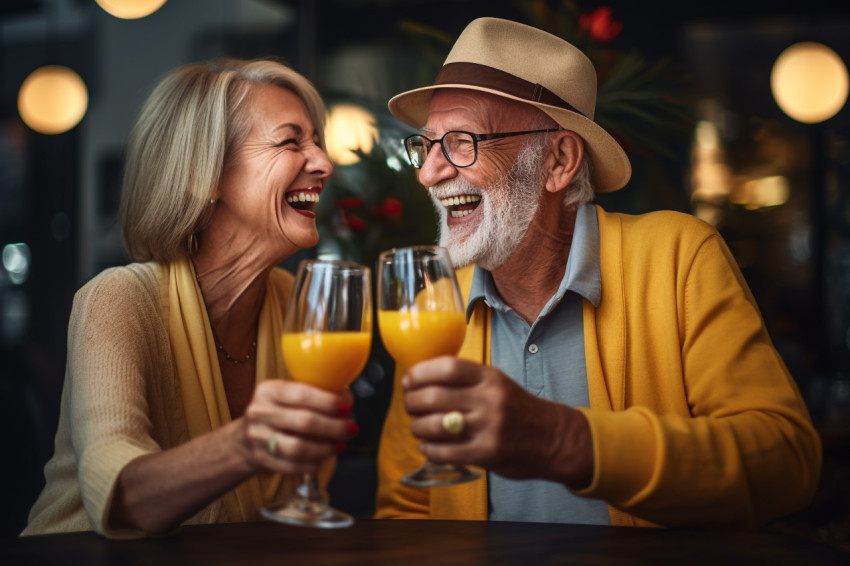 A photo of a happy old couple holding hands and laughing in a re A photo of a happy old couple holding hands and laughing in a re