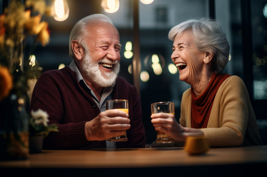 A photo of a happy old couple holding hands and laughing in a re A photo of a happy old couple holding hands and laughing in a re