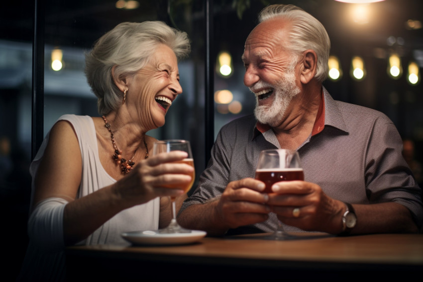 A photo of a happy old couple holding hands and laughing in a re A photo of a happy old couple holding hands and laughing in a re