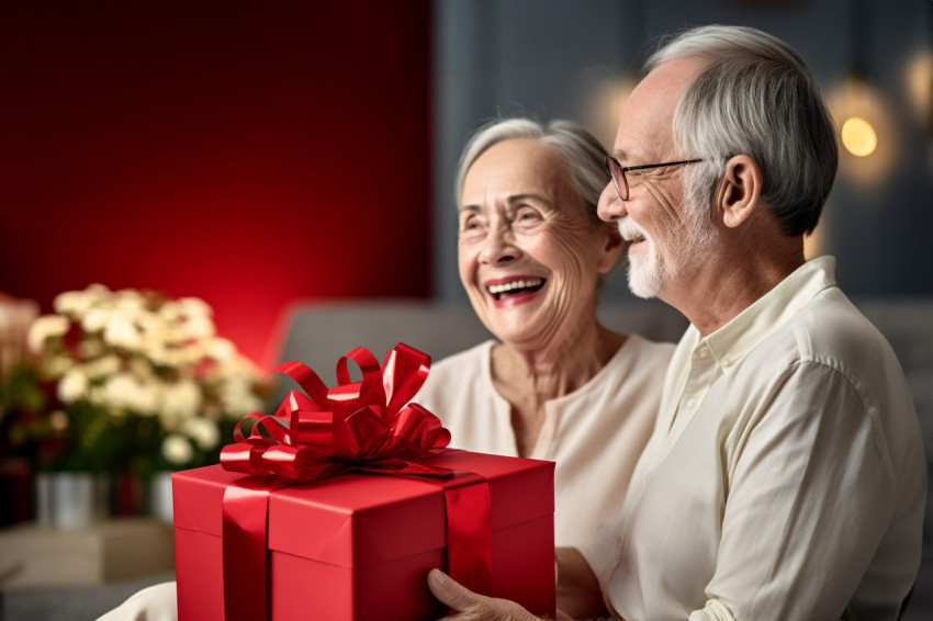 Picture of a happy old woman with a gift box sitting next to a m Picture of a happy old woman with a gift box sitting next to a m
