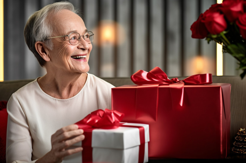 Picture of a happy old woman with a gift box sitting next to a m Picture of a happy old woman with a gift box sitting next to a m