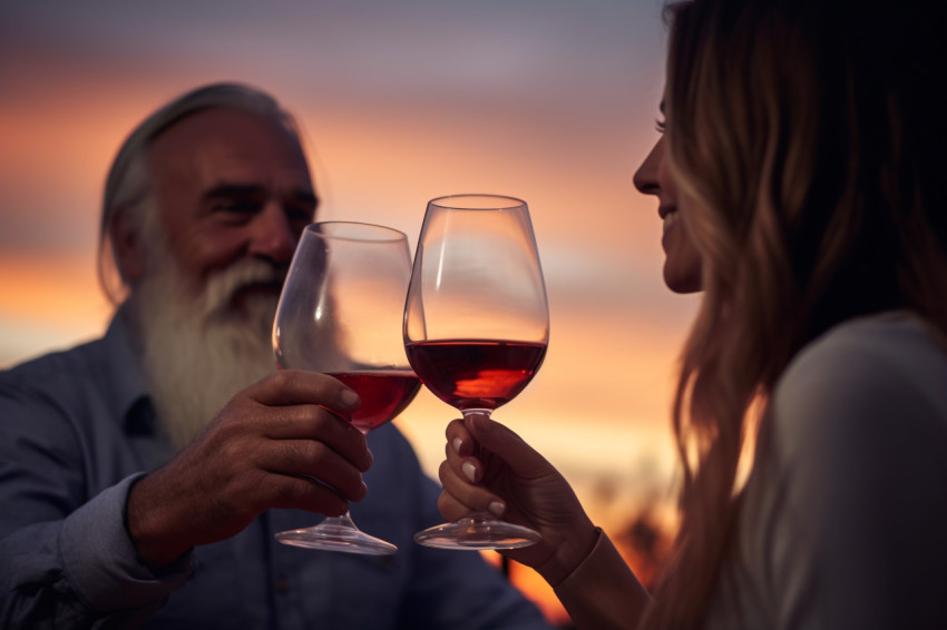 A picture of a couple clinking their glasses with drinks at suns