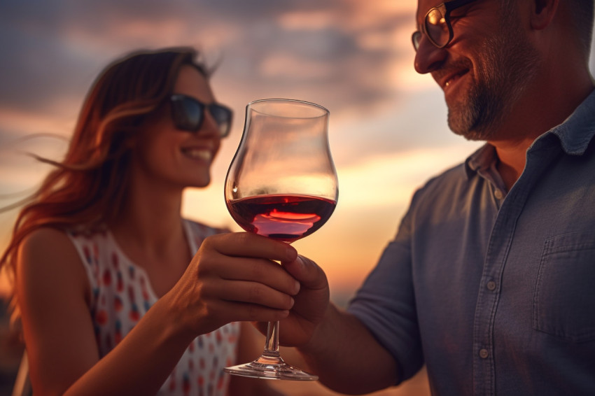 A picture of a couple clinking their glasses with drinks at suns