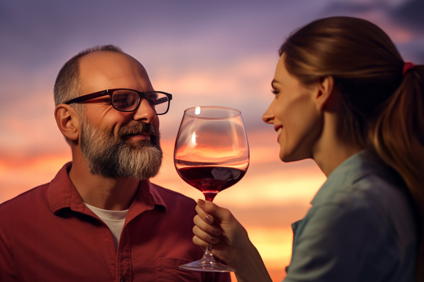 A picture of a couple clinking their glasses with drinks at suns