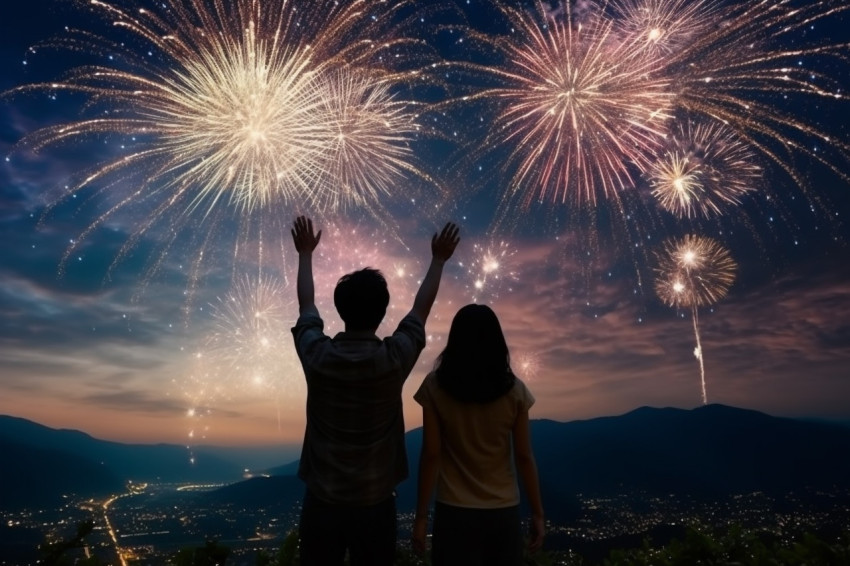 Men and women stand together to watch the beautiful fireworks an Men and women stand together to watch the beautiful fireworks an