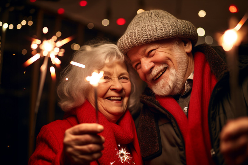 An elderly couple celebrating the new year with sparklers An elderly couple celebrating the new year with sparklers