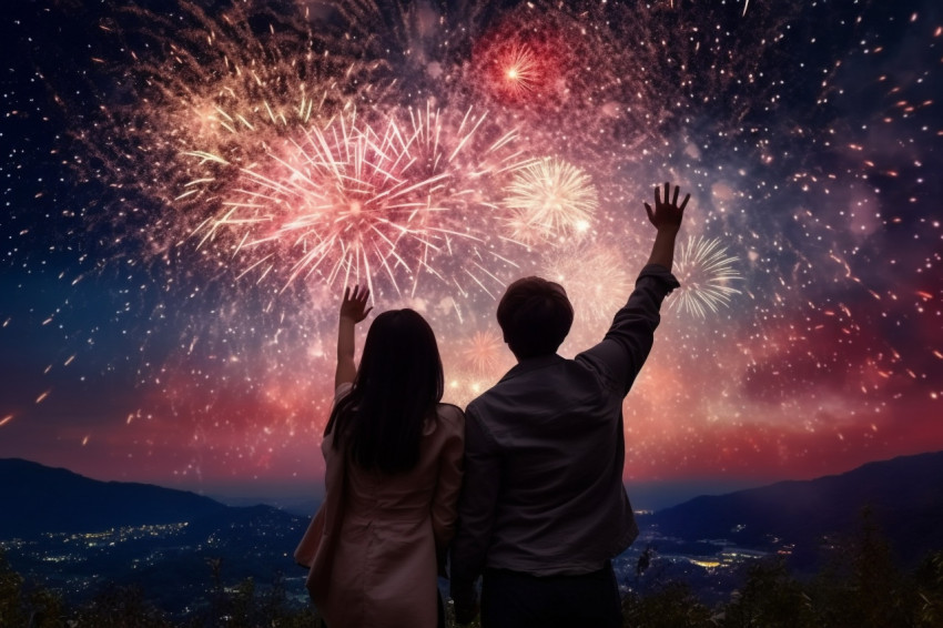 Men and women stand together to watch the beautiful fireworks an Men and women stand together to watch the beautiful fireworks an