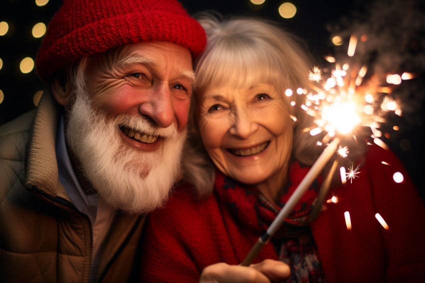 An elderly couple celebrating the new year with sparklers An elderly couple celebrating the new year with sparklers