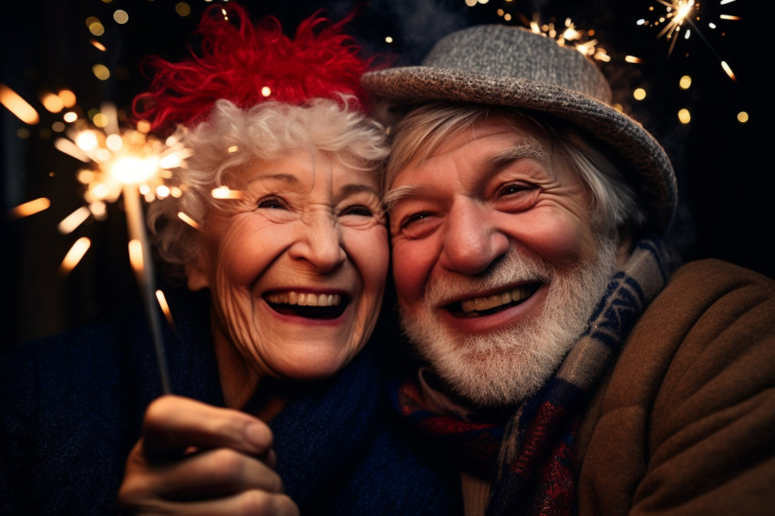 An elderly couple celebrating the new year with sparklers An elderly couple celebrating the new year with sparklers