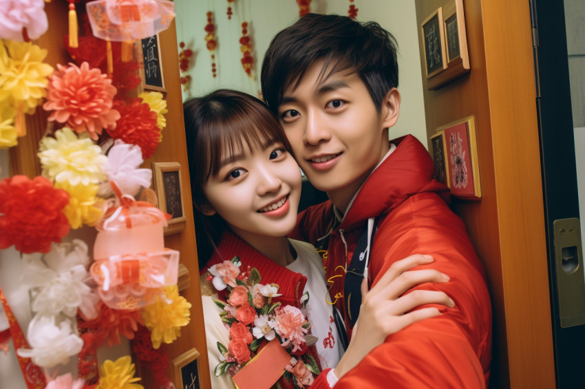 A photo of a young Asian couple taking a selfie in front of thei A photo of a young Asian couple taking a selfie in front of thei