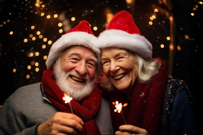 An elderly couple celebrating the new year with sparklers An elderly couple celebrating the new year with sparklers