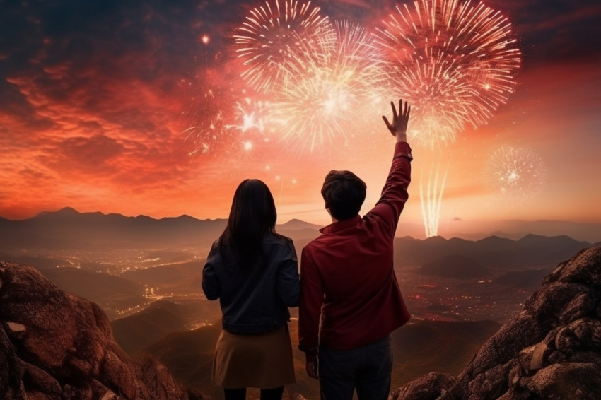 Men and women stand together to watch the beautiful fireworks an Men and women stand together to watch the beautiful fireworks an