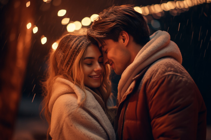 A photo of a young couple having fun outdoors in winter before C A photo of a young couple having fun outdoors in winter before C
