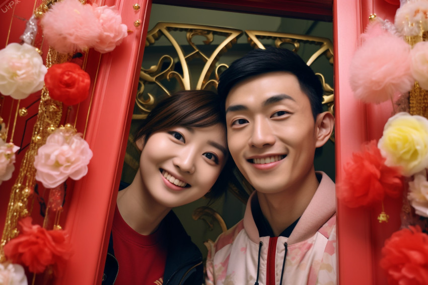 A photo of a young Asian couple taking a selfie in front of thei A photo of a young Asian couple taking a selfie in front of thei