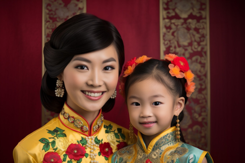 A photo of a smiling Asian woman and her daughter in traditional A photo of a smiling Asian woman and her daughter in traditional
