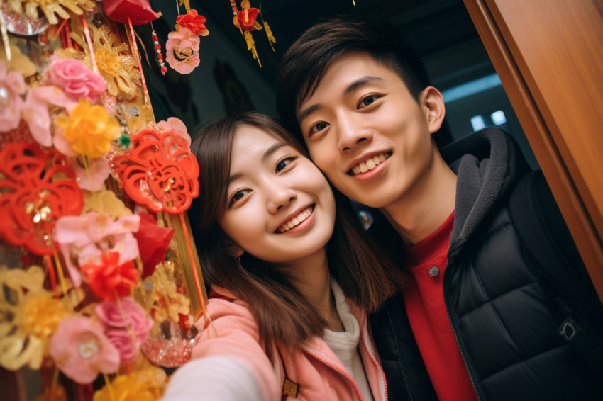 A photo of a young Asian couple taking a selfie in front of thei A photo of a young Asian couple taking a selfie in front of thei