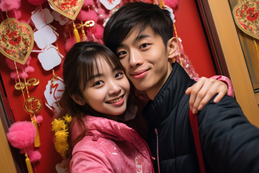 A photo of a young Asian couple taking a selfie in front of thei A photo of a young Asian couple taking a selfie in front of thei