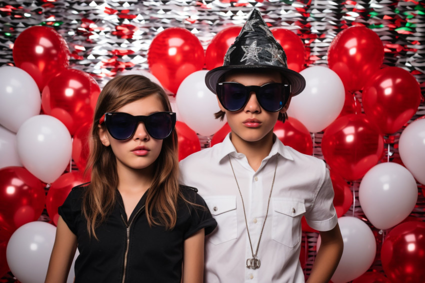 A picture of a New Years party girl and boy standing in front of A picture of a New Years party girl and boy standing in front of