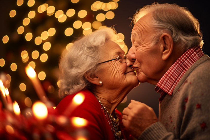 A photo of an elderly couple kissing affectionately while celebr A photo of an elderly couple kissing affectionately while celebr