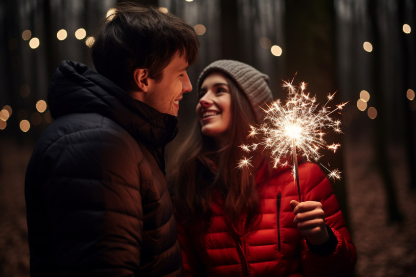 Two people are standing in a forest on New Years Two people are standing in a forest on New Years