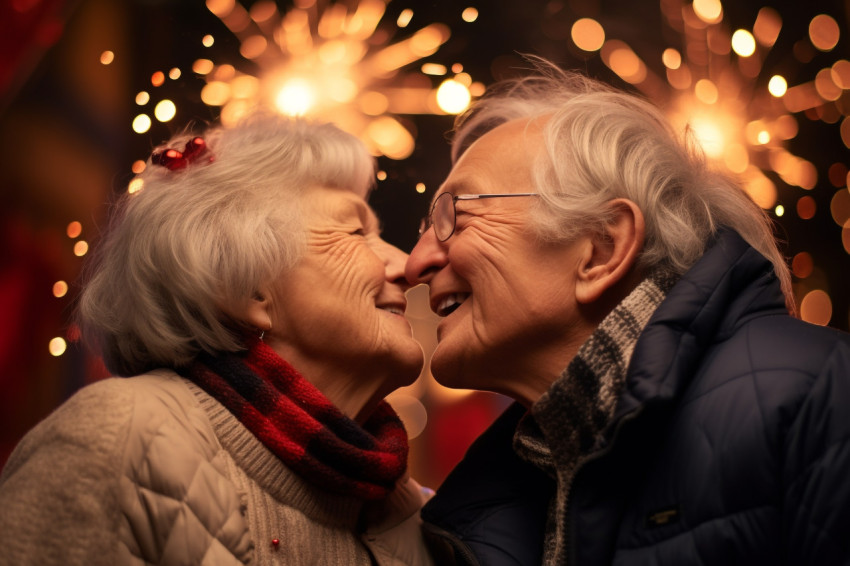A photo of an elderly couple kissing affectionately while celebr A photo of an elderly couple kissing affectionately while celebr
