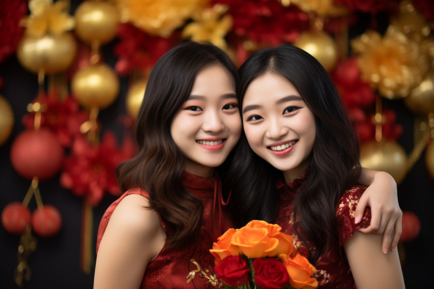 A photo of two happy Asian girls celebrating Chinese New Year wi A photo of two happy Asian girls celebrating Chinese New Year wi