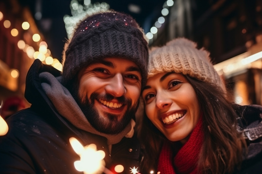 A cute couple is having fun in the city during christmas A cute couple is having fun in the city during christmas, happy new year image hd