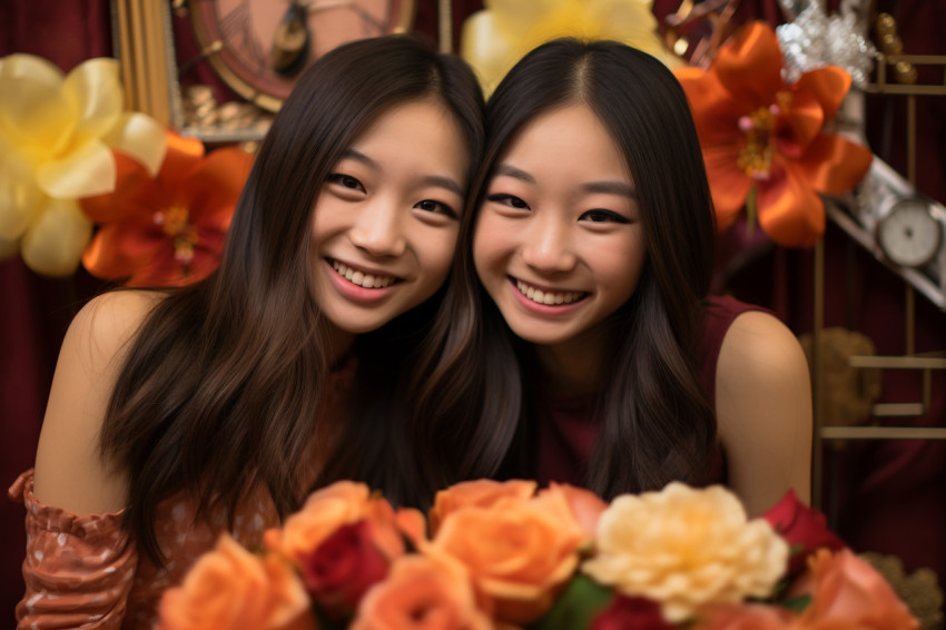 A photo of two happy Asian girls celebrating Chinese New Year wi A photo of two happy Asian girls celebrating Chinese New Year wi