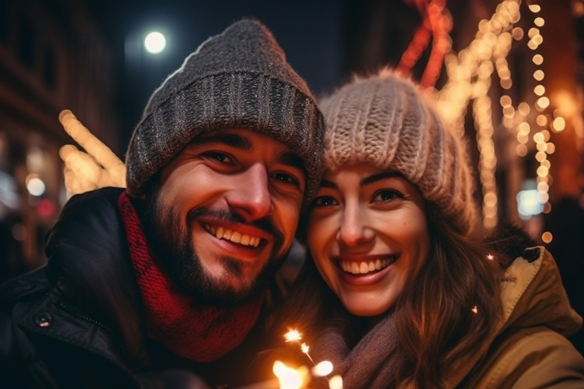 A cute couple is having fun in the city during christmas A cute couple is having fun in the city during christmas, happy new year image hd