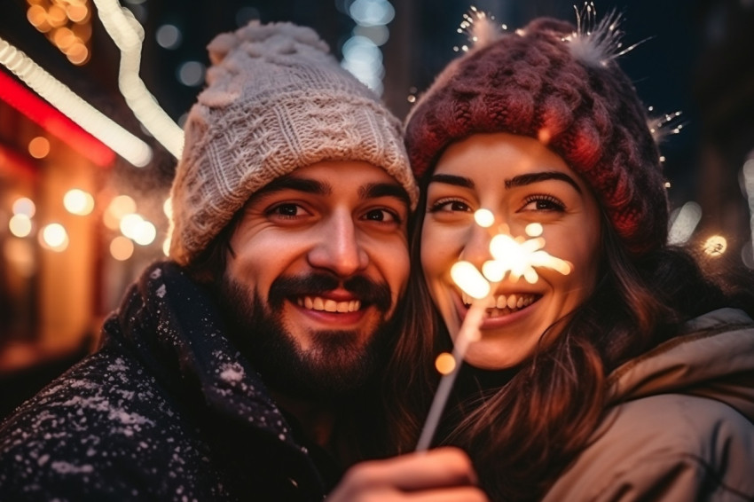 A cute couple is having fun in the city during Christmas A cute couple is having fun in the city during Christmas