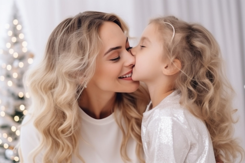 Photo of happy mother and daughter hugging and kissing near the Photo of happy mother and daughter hugging and kissing near the