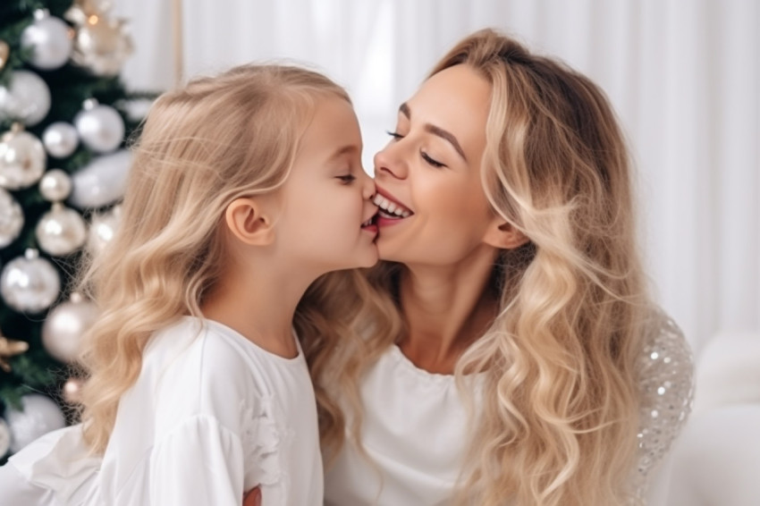 Photo of happy mother and daughter hugging and kissing near the Photo of happy mother and daughter hugging and kissing near the