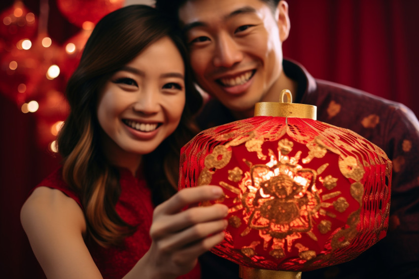 An Asian girl is holding a Chinese New Year lantern in a decorat An Asian girl is holding a Chinese New Year lantern in a decorat