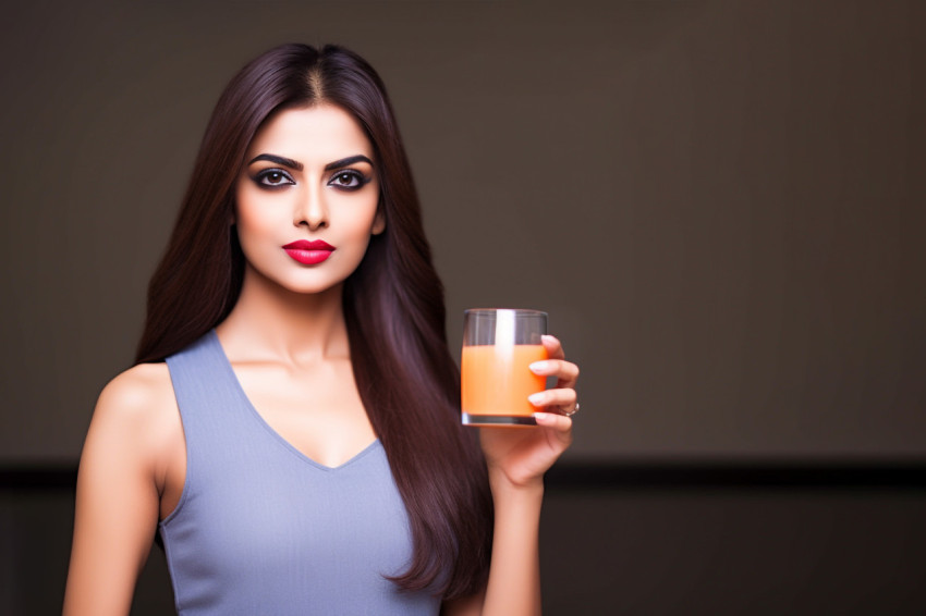 Photo of a beautiful healthy and slim Indian woman drinking oran Photo of a beautiful healthy and slim Indian woman drinking oran