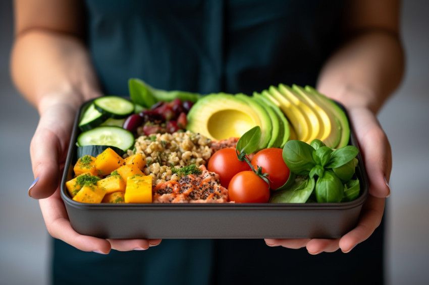 Picture of a womans hand holding a lunchbox with healthy food on Picture of a womans hand holding a lunchbox with healthy food on