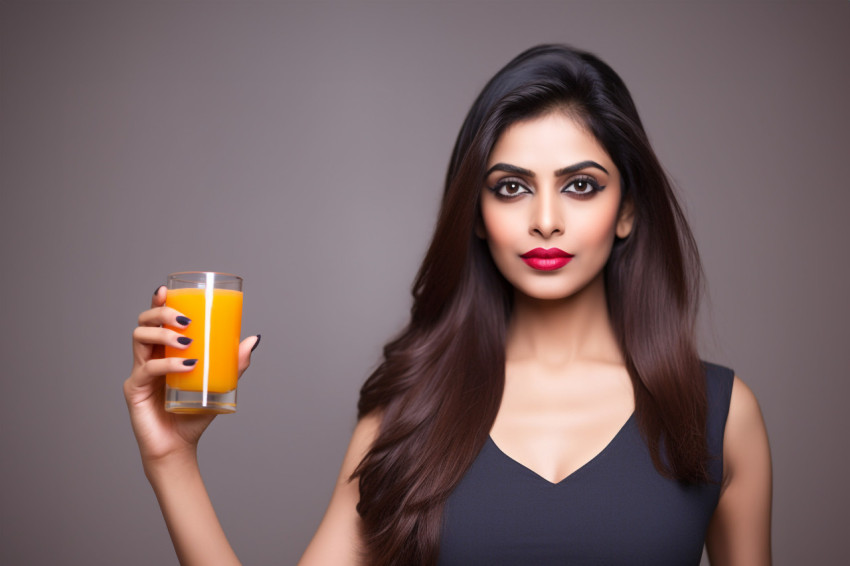 Photo of a beautiful healthy and slim Indian woman drinking oran Photo of a beautiful healthy and slim Indian woman drinking oran