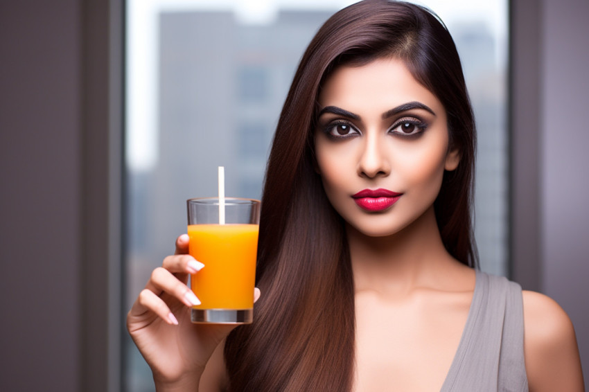 Photo of a beautiful healthy and slim Indian woman drinking oran Photo of a beautiful healthy and slim Indian woman drinking oran