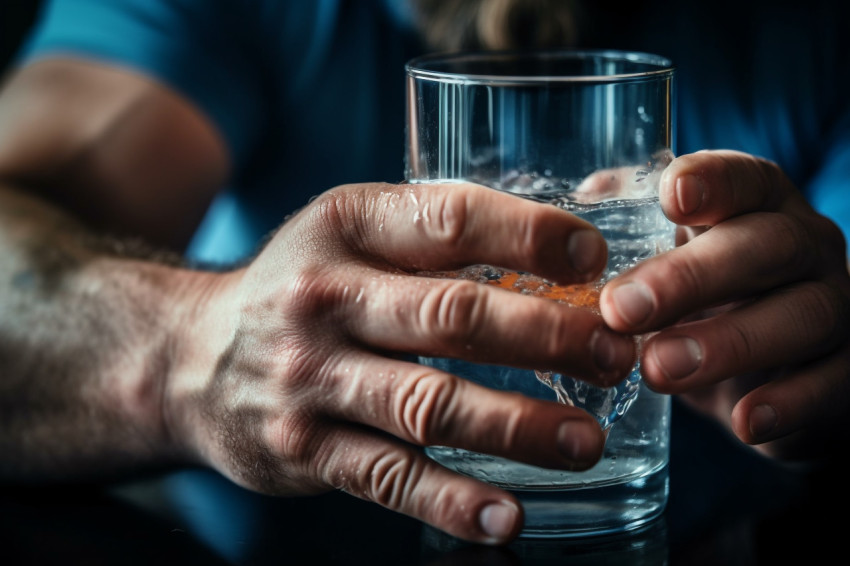 A close up photo of a strong mans hands pouring clear water into A close up photo of a strong mans hands pouring clear water into