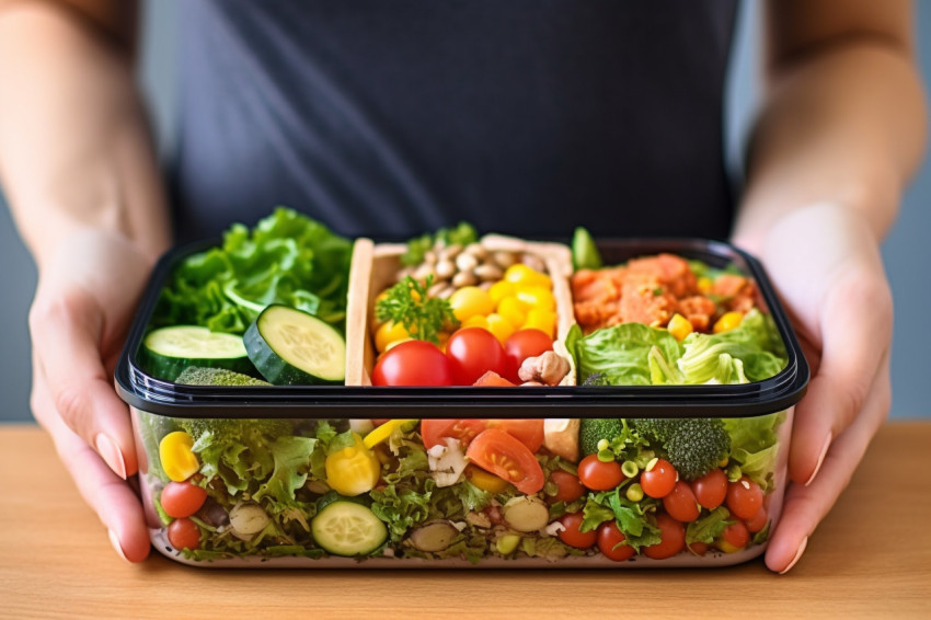 Picture of a womans hand holding a lunchbox with healthy food on Picture of a womans hand holding a lunchbox with healthy food on