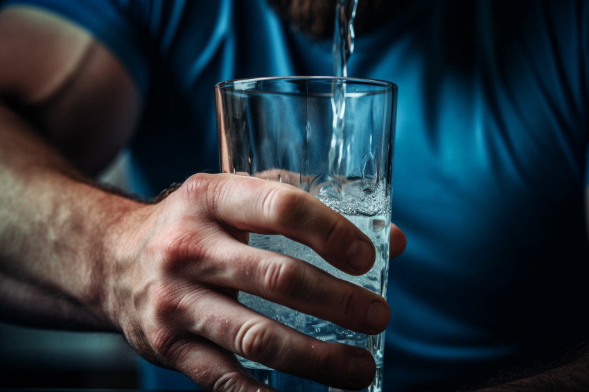 A close up photo of a strong mans hands pouring clear water into A close up photo of a strong mans hands pouring clear water into