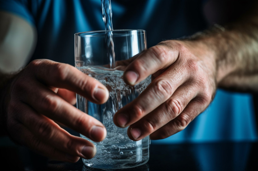 A close up photo of a strong mans hands pouring clear water into A close up photo of a strong mans hands pouring clear water into
