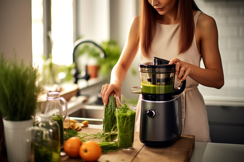 A picture of a woman using a juicer to make green juice in her k A picture of a woman using a juicer to make green juice in her k