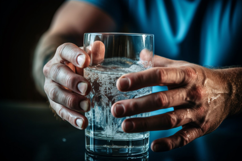 A close up photo of a strong mans hands pouring clear water into A close up photo of a strong mans hands pouring clear water into