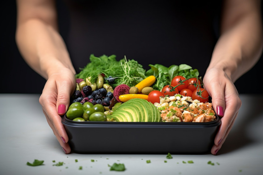 Picture of a womans hand holding a lunchbox with healthy food on Picture of a womans hand holding a lunchbox with healthy food on