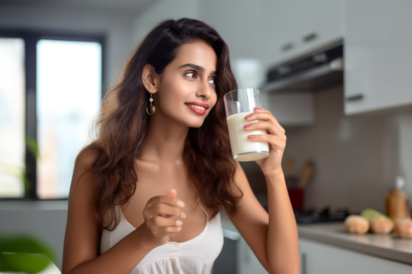 A photo of a beautiful young Indian woman drinking milk at home A photo of a beautiful young Indian woman drinking milk at home